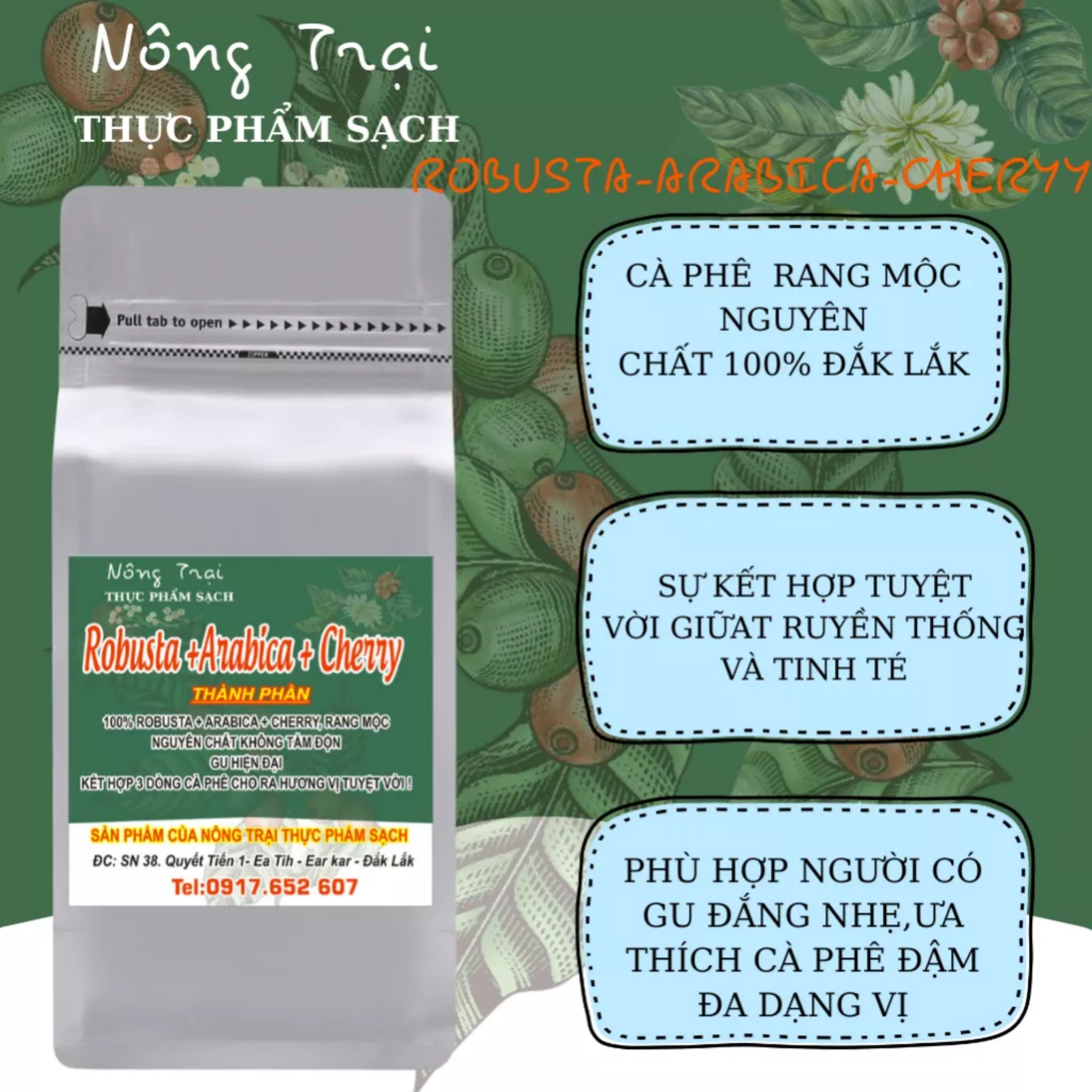 Cà phê Mix Robusta-Arabica-Cherry - Cafe rang mộc nguyên chất pha phin, Cafe trộn nguyên chất 500G