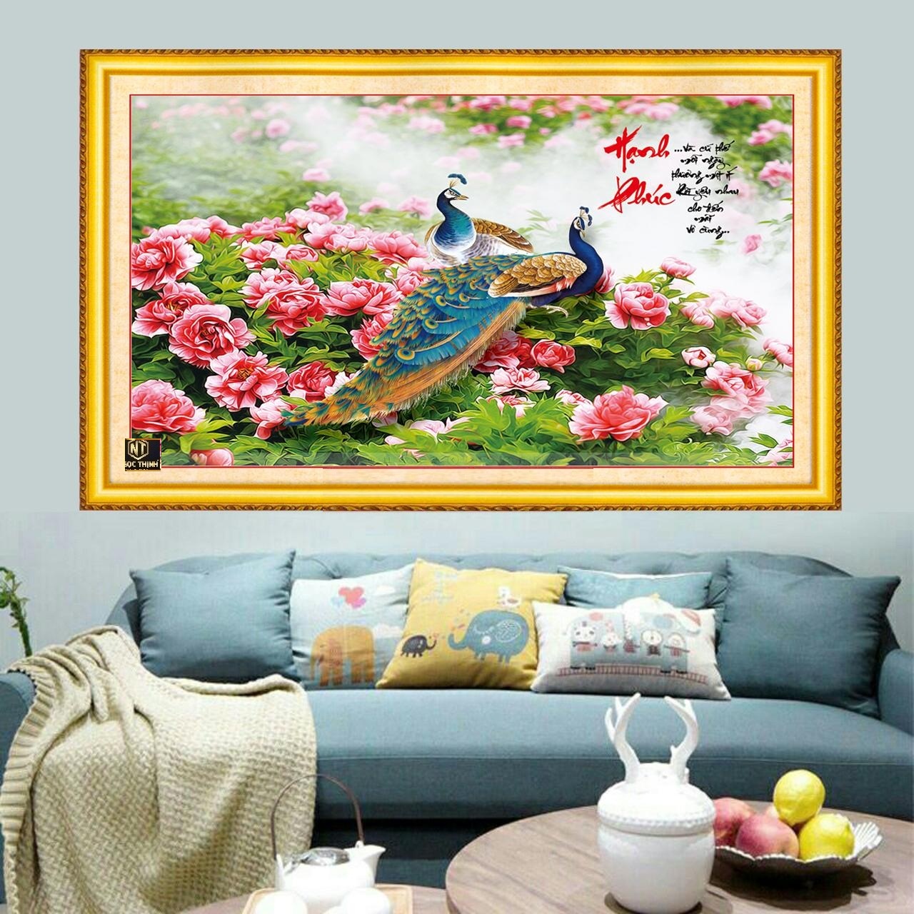 Tranh đính đá hạnh phúc chim công hoa mẫu đơn vs459 kt100x60