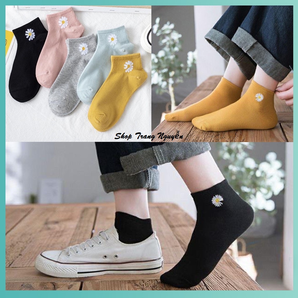 Set  3, 5, 10 đôi tất/vớ hoa cúc, tất/vớ nữ cổ ngắn hoa cúc cotton thấm hút mồ hôi, thông thoáng - Tất vớ nữ hoa cúc mềm mại, tất nữ cổ ngắn - tất hoa cúc (set 3, 5, 10)