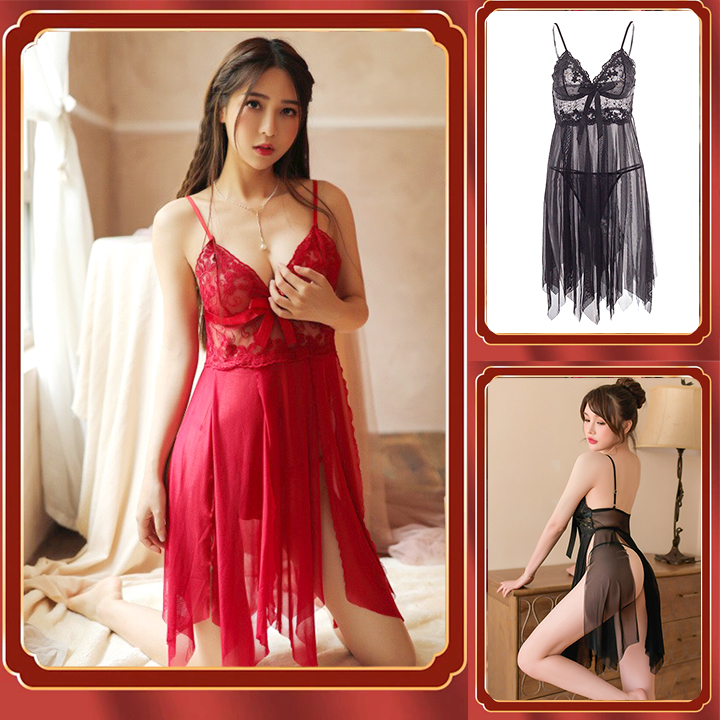 Váy ngủ xuyên thấu sexy hai dây ren ngực vạt xẻ nhiều tà
