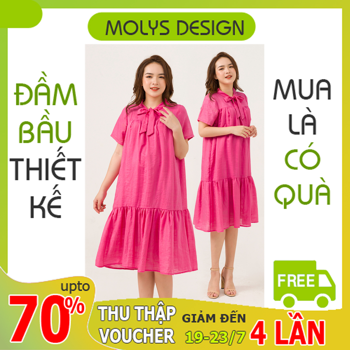 Đầm bầu đẹp cao cấp MOLYS M2461 suông đuôi cá cổ buộc nơ voan đũi ánh nhũ đủ size đến hết thai kỳ