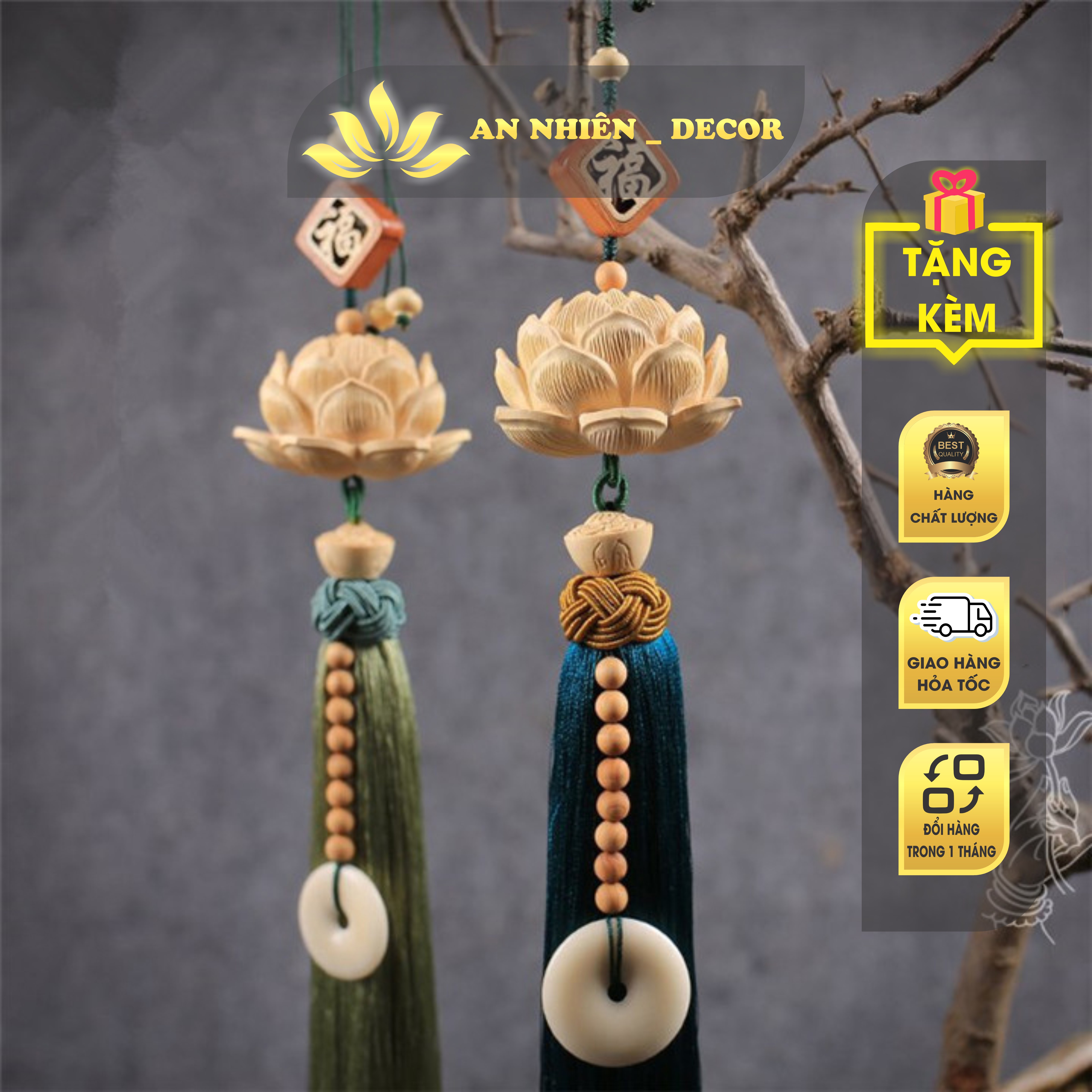 Khánh Liên Hoa Trang Trí Ô Tô, Dây Treo Hoa Sen Tượng Phật, Gỗ Hoàng Dương Cao Cấp