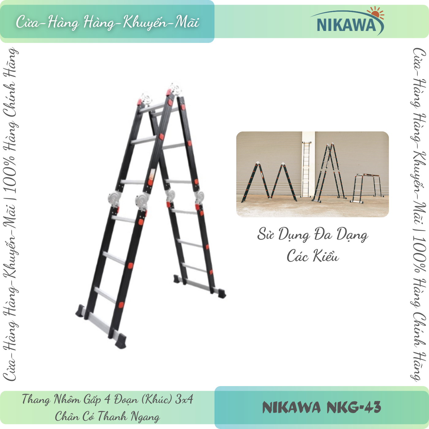 Nikawa nkg-43 & nkg-43c | thang nhôm gấp 4 đoạn nikawa nkg-43 / nkg-43c - thang nhôm khúc 3x4, a max : 1.78 mét - 1.80 mét - hàng chính hãng