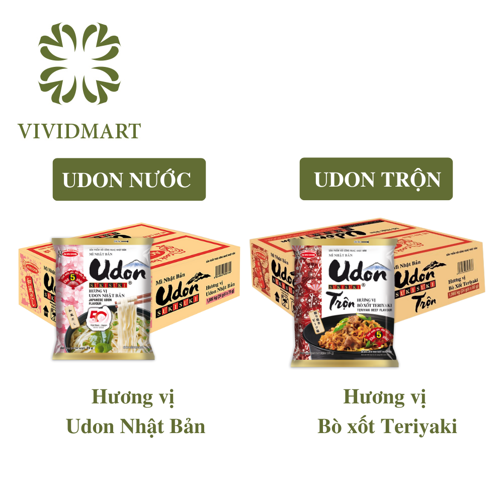 [THÙNG 24 GÓI] - ACECOOK - Mì Udon Sưkisưki 2 vị: hương vị Nhật Bản và Udon trộn vị bò xốt Teriyaki (75-82g/gói) - Udon Sưki Sưki công nghệ Nhật Bản - Udon trộn Sukisuki - Mì ăn liền Udon Sưki Sưki Nhật Bản sản xuất tại Việt Nam
