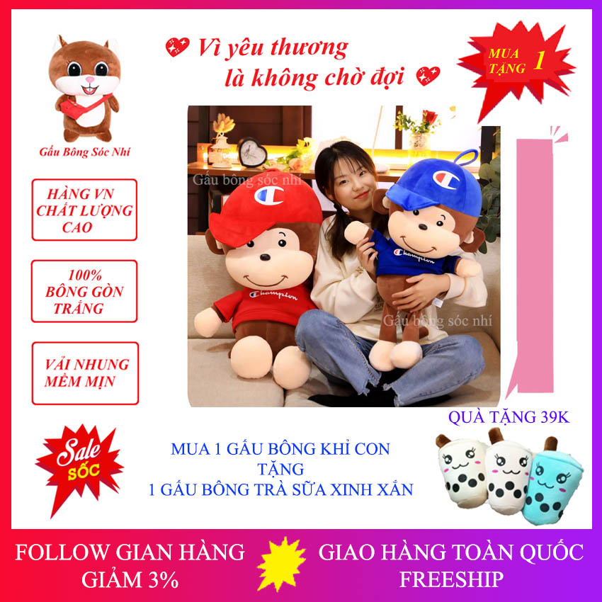 Gấu bông khỉ tinh nghịch - gấu bông sóc nhí 07 - gấu bông cao cấp vải nhung co giãn 4 chiều - mua 1 gấu bông khỉ tinh nghịch tặng 1 gấu bông trà sữa xinh xắn