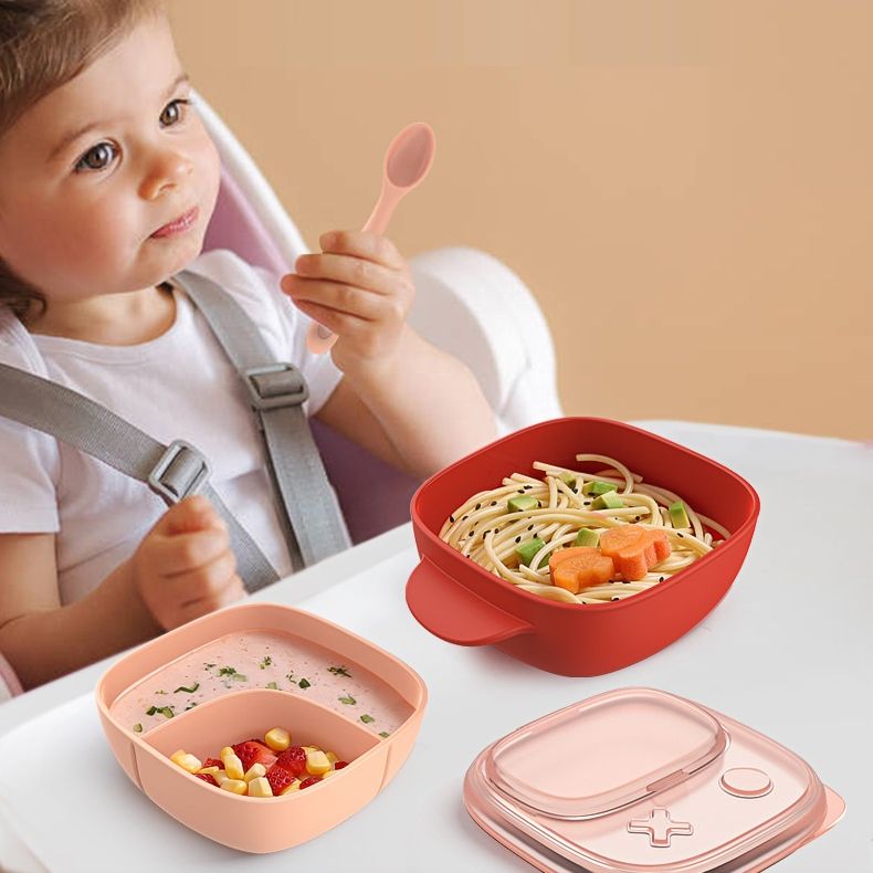 Bát ăn dặm cho bé, bát ăn chia ngăn có nắp đậy kèm thìa chất liệu nhựa Cao cấp - An toàn BA02
