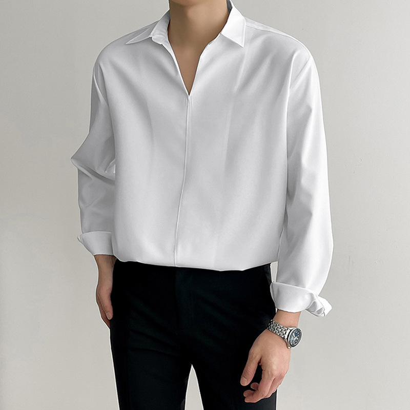 Áo sơ mi nam nữ cổ V vải lụa form rộng Unisex nam nữ tay dài Hàn Quốc,sơ mi nam ENVINO