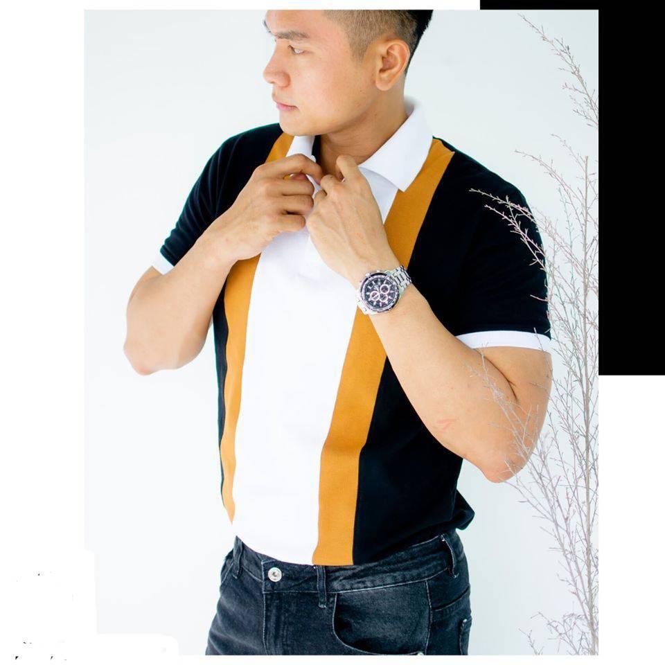 Áo Thun Nam Cổ Trụ Ngắn Tay Phối Màu Viền Tay Thời Trang Cực Ngầu