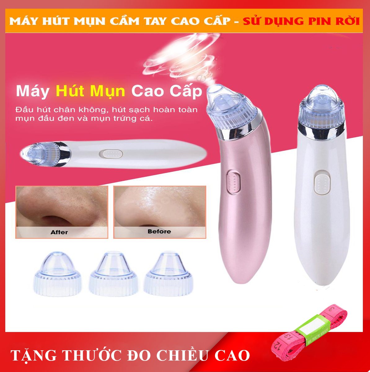 Máy hút mụn cầm tay mini sử dụng pin rời, đầu hút chân không hút sạch mụn cám, mụn đầu đen, mụn bọc an toàn và hiệu quả