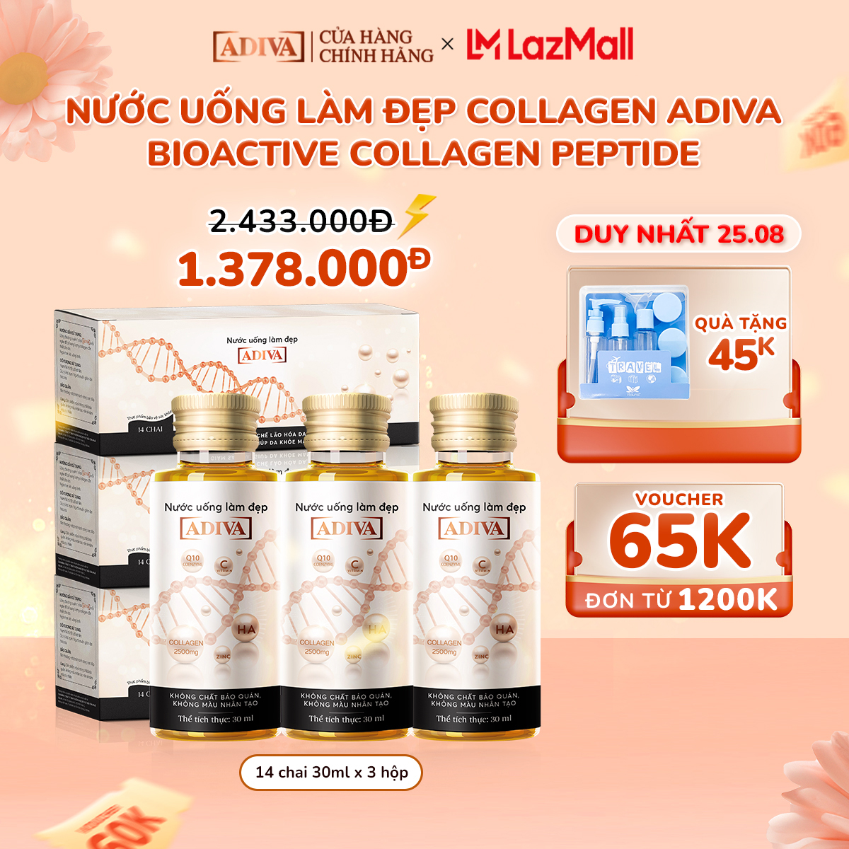 Combo 3 Hộp Nước Uống Làm Đẹp Collagen ADIVA Tem Trắng (14 Chai/Hộp)- Giúp Làn Da Săn Chắc, Ẩm Mịn Và Căng Bóng