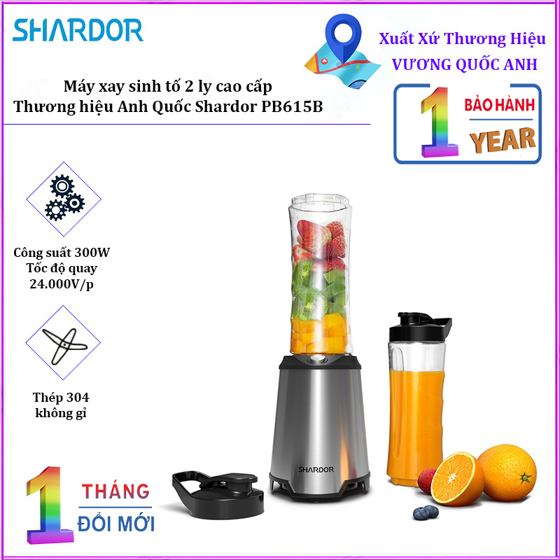 Máy Xay Sinh Tố 2 Ly Shardor PB615B công suất 300W - Bảo hành 12 tháng