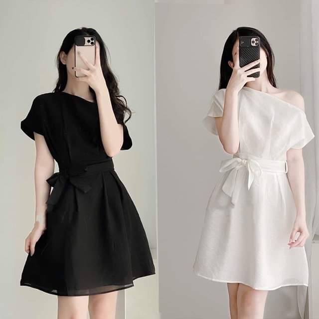 Đầm dự tiệc đầm lệch vai cột nơ eo 3 màu đầm trắng, đầm hồng nâu, đầm đen TANA D0148