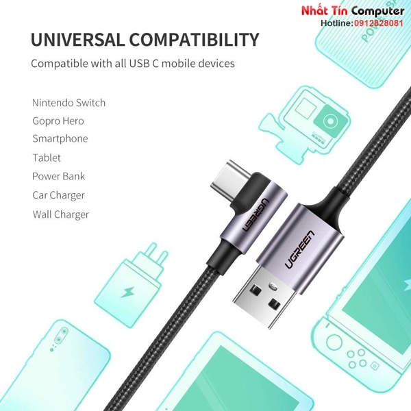 Cáp sạc, dữ liệu usb-a to usb type-c bẻ góc 90 độ dài 1m ugreen 50941 cao cấp