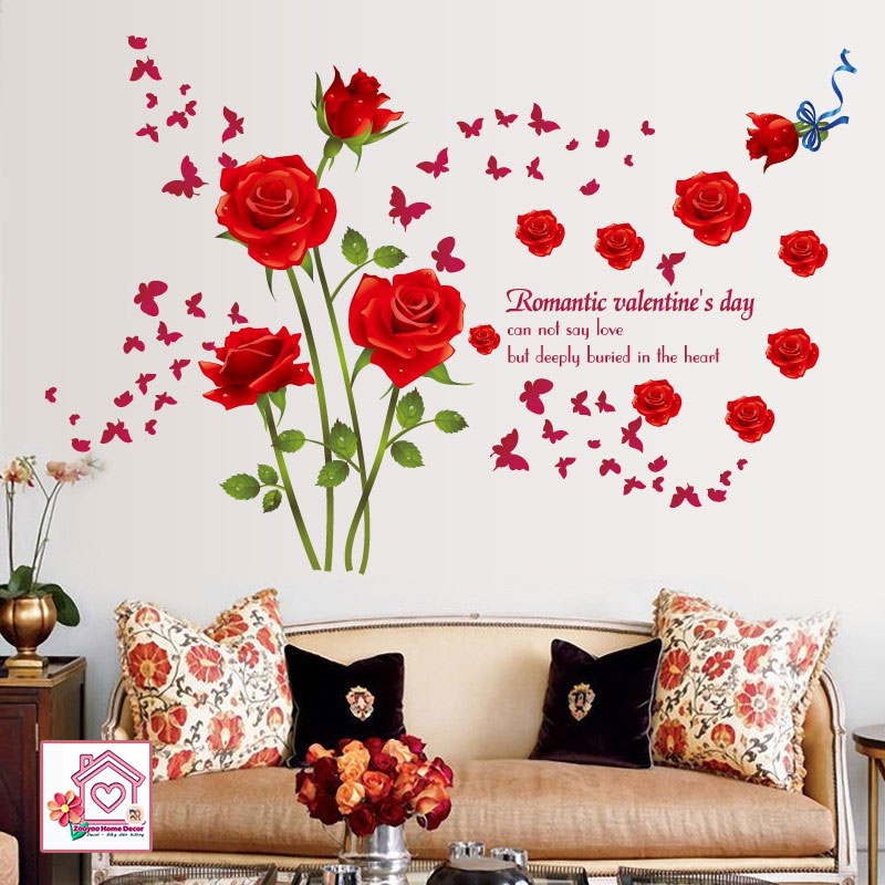 Decal dán tường Hoa Hồng đỏ SK9195A trang trí tường phòng khách phòng ngủ - Sticker - Miếng dán tường - Hình dán