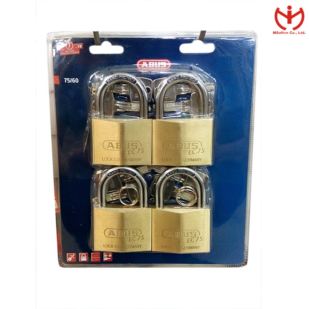 Bộ 4 khóa abus 75/60 mk4 thân đồng rộng 60mm có 3 chìa chủ master key - msoft