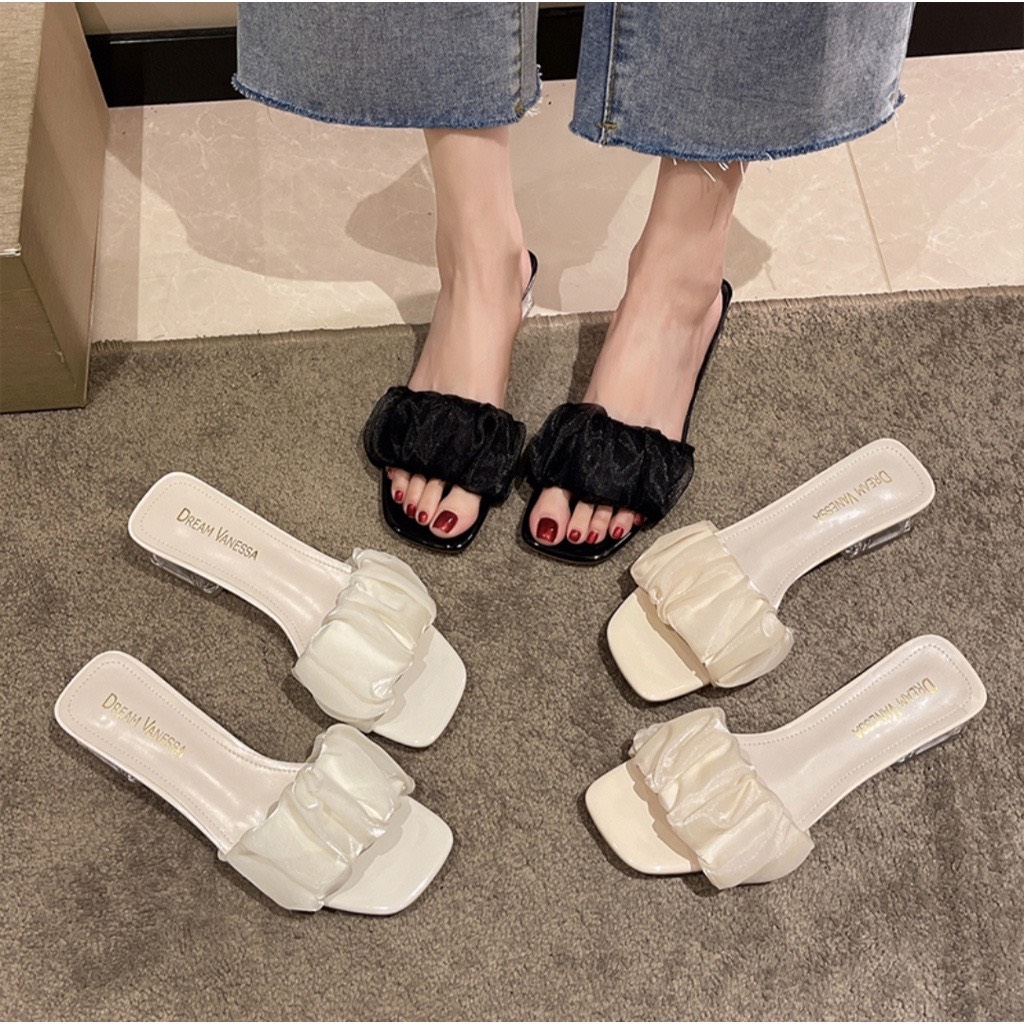 Giày sandal cao gót mũi vuông, gót trong phối quai dây mảnh cao 5cm