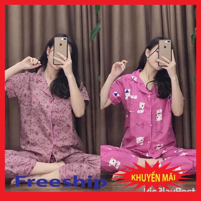 100k 2 Bộ Đồ Ngủ Pijama Nữ Dài Tay Cộc Quần Dài - Bộ Đồ Ngủ Nữ Tay Ngắn Quần Dài- Bộ Đồ Mặc Ở  Nhà  Đồ Thu Đông Nữ Thoáng Mát Có Túi Ngực Kate Thái Phi Bóng Hoạt Hình Cute Dễ Thương size 40-60 kg