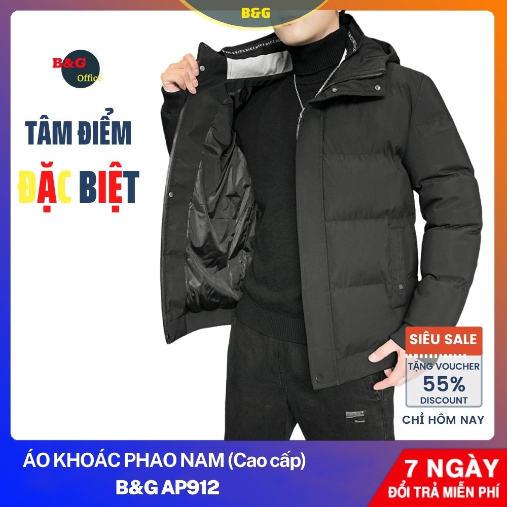 Áo Khoác Phao Nam cao cấp có mũ B&G AP912 chất lượng cao, Vải Cotton Cao Cấp, Cản Gió, Giữ Ấm Cực Tốt