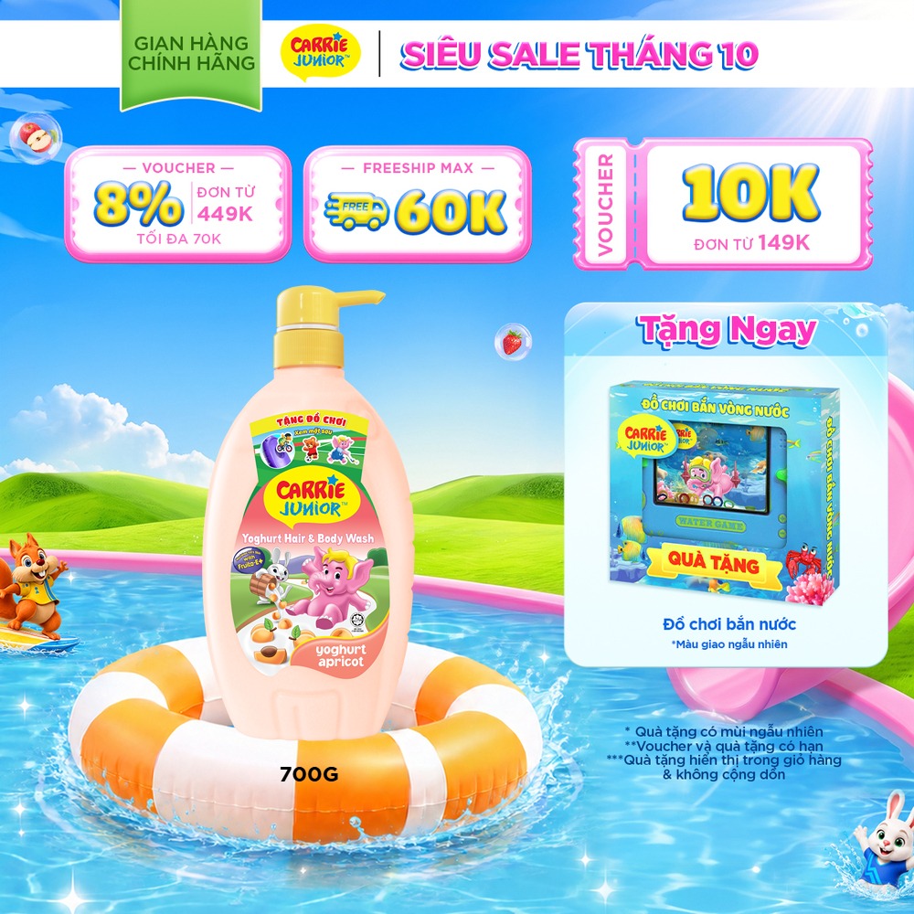 [Tặng Đồ Chơi Vòng Nước] Sữa Tắm Gội cho bé Carrie Junior Hương Nho/Dưa lưới/Cherry/Mơ tây/Tinh chất sữa/Táo 700g