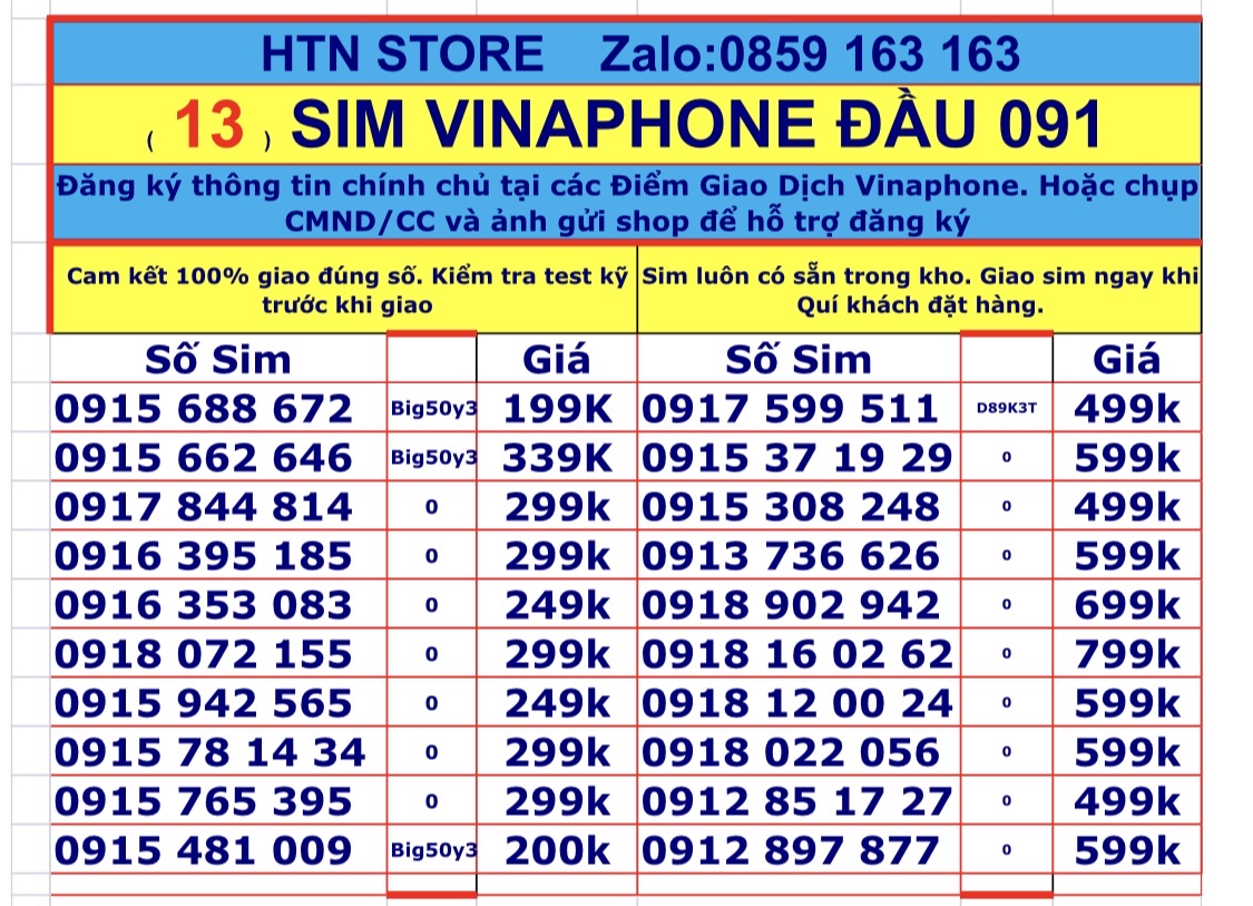 Sim vinaphone số đẹp đầu 091 vina trả trước sim nghe gọi và truy cập 4G, 5G - HTN