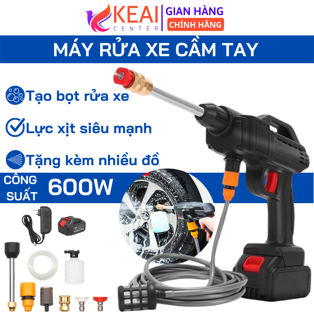 Máy rửa xe mini cầm tay dùng pin đa năng rửa xe vệ sinh tưới cây Vòi phun áp lực mạnh công suất 600W