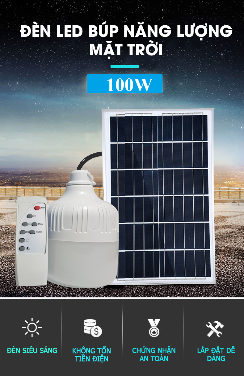 Đèn búp trụ năng lượng mặt trời 100w | bảo hành 12 tháng
