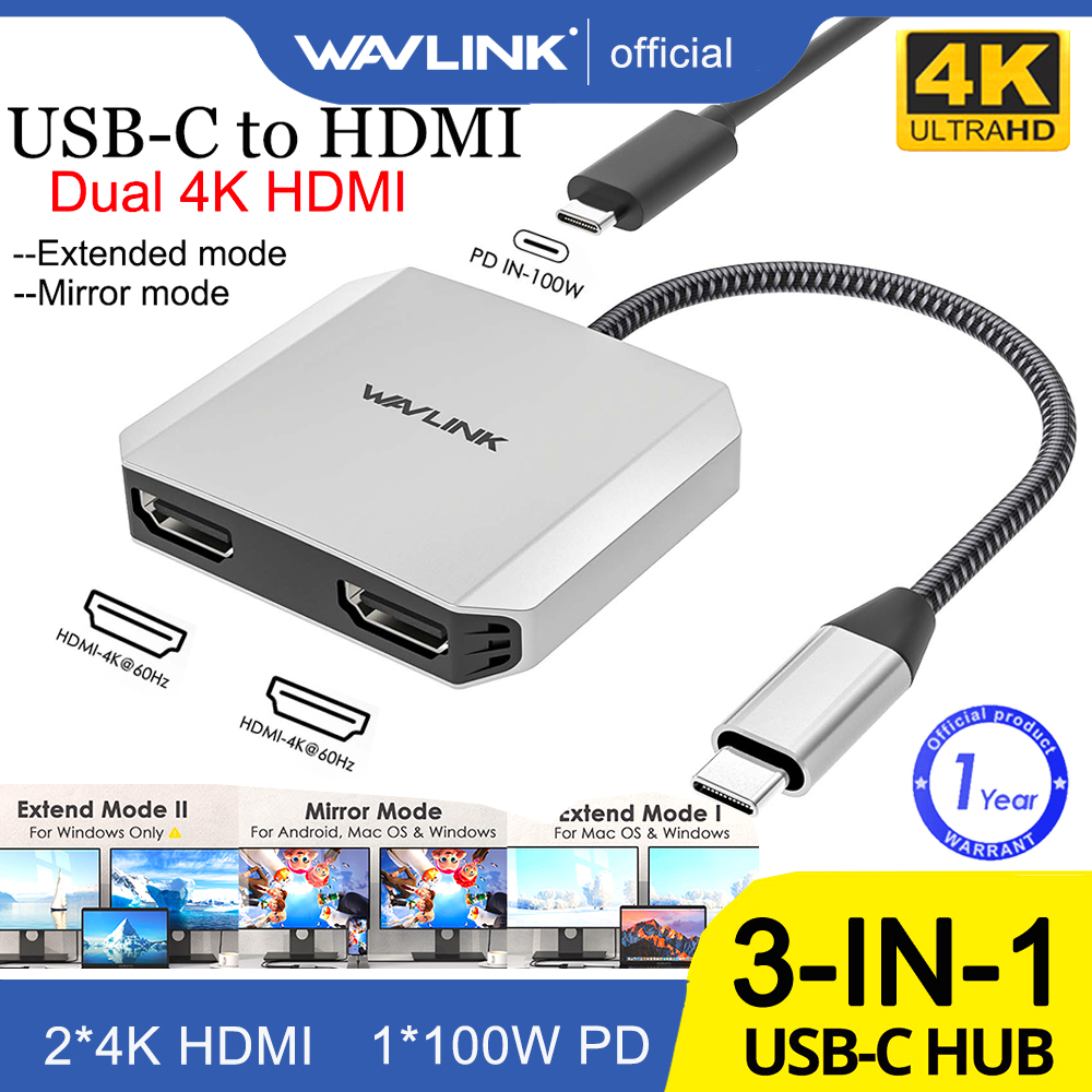  Wavlink 3-In-1 USB-C sang Dual 4K HDMI Splitter Adapter Hdmi Extender cho 2 Monitor Type-C Hub với 87W Power Delivery cho MacBook Pro Air Dell XPS HP Lenovo Thunderbolt 3 4 Laptop  Thép không gỉ Vỏ Dây động bền USB-C  