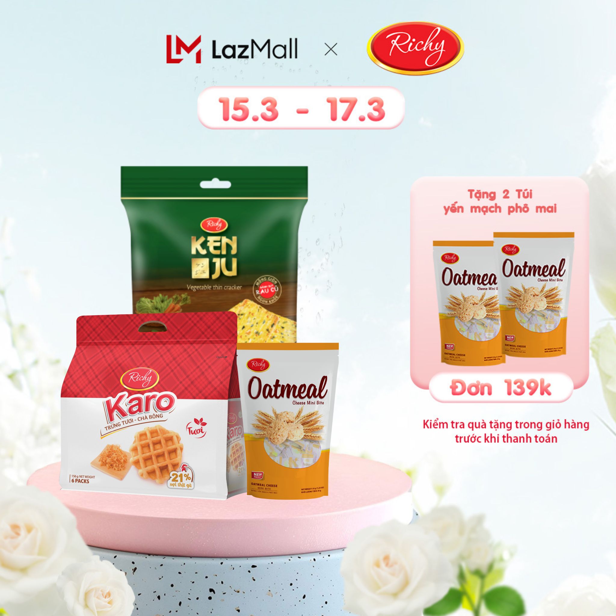 [DEAL HOT 77K] Combo bánh karo sợi gà, bánh quy kenju rau củ, bánh yến mạch oatmeal vị phô mai 35g - Bánh kẹo Richy