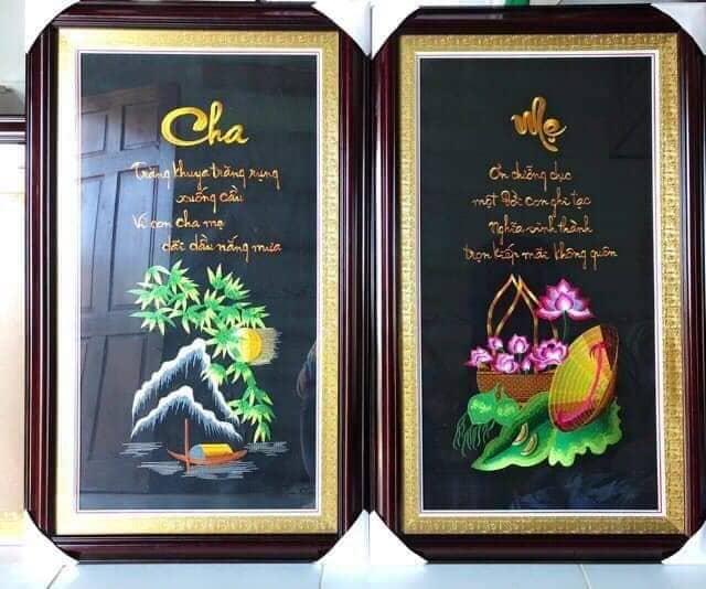 [HCM]tranh thêu vi tính thành phẩm cha mẹ nón chưa khung