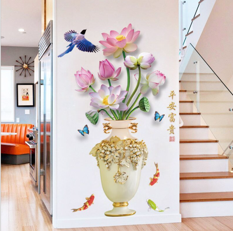 Decal dán tường trang trí gia đình: Bình hoa sen GN44