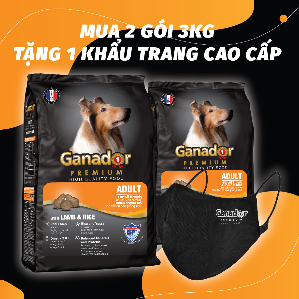 Combo 2 gói thức ăn cho chó trưởng thành Ganador vị thịt cừu và gạo Adult Lamb and Rice 3kg