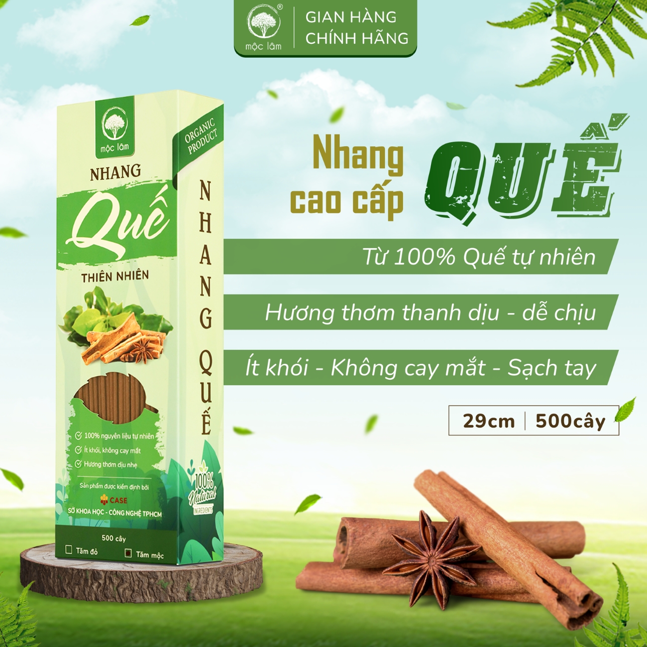 Nhang Quế Thiên Nhiên MỘC LÂM 29cm 500 cây, Nhang Sạch, Ít Khói, Hương Thơm Thanh Dịu Tự Nhiên