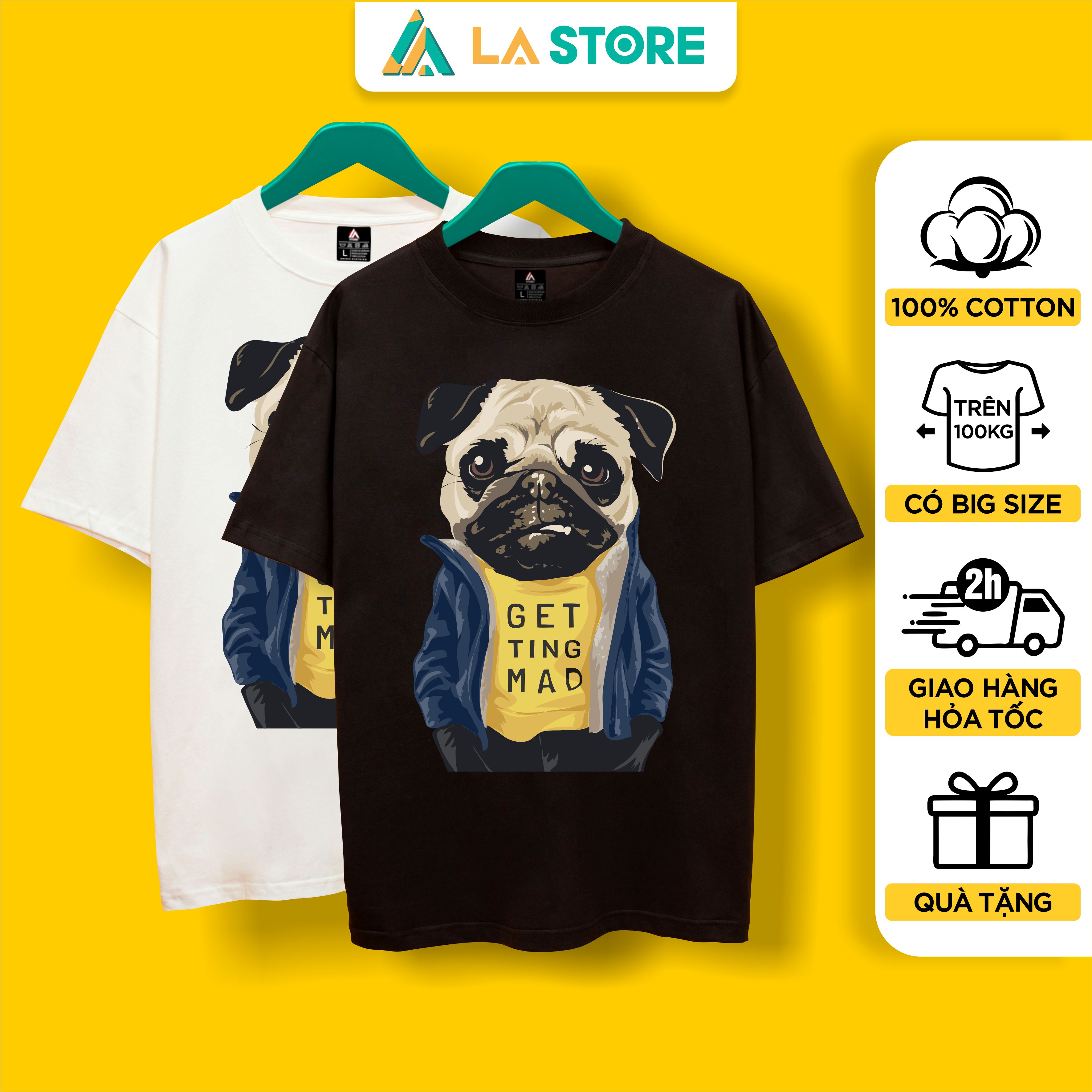 Áo thun unisex cotton chó pug giận giữ form rộng tay lỡ nam nữ có big size | lạ store