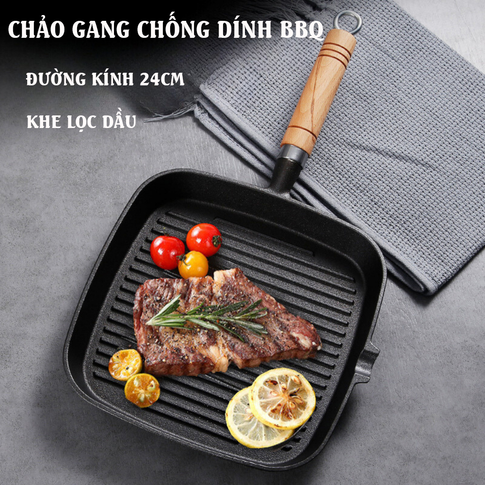 Chảo gang nướng thịt BBQ size 24cm, chảo nướng thịt BBQ chống dính dùng được cho mọi loại bếp, chảo chống dính nướng thịt cao cấp có khe chảy dầu