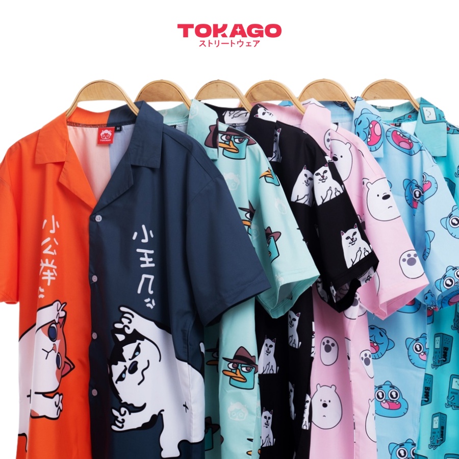 Áo sơ mi Tokago hoạ tiết hoạt hình, áo ngắn tay nam nữ mặc nhà