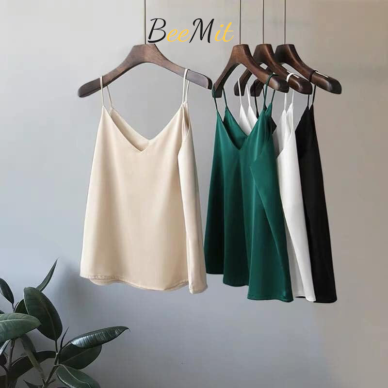 Áo 2 dây vải lụa hàn cao cấp beemit, áo hai dây lụa vintage mặc trong vest blazer
