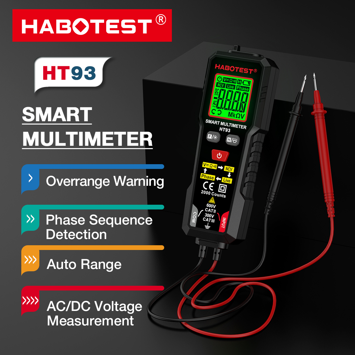 HABOTEST HT93 Digital Multimeter Voltage Tester 2000 Counts 600V AC/DC Volt Meter NCV Phase Sequence Auto Ranging Multimetre