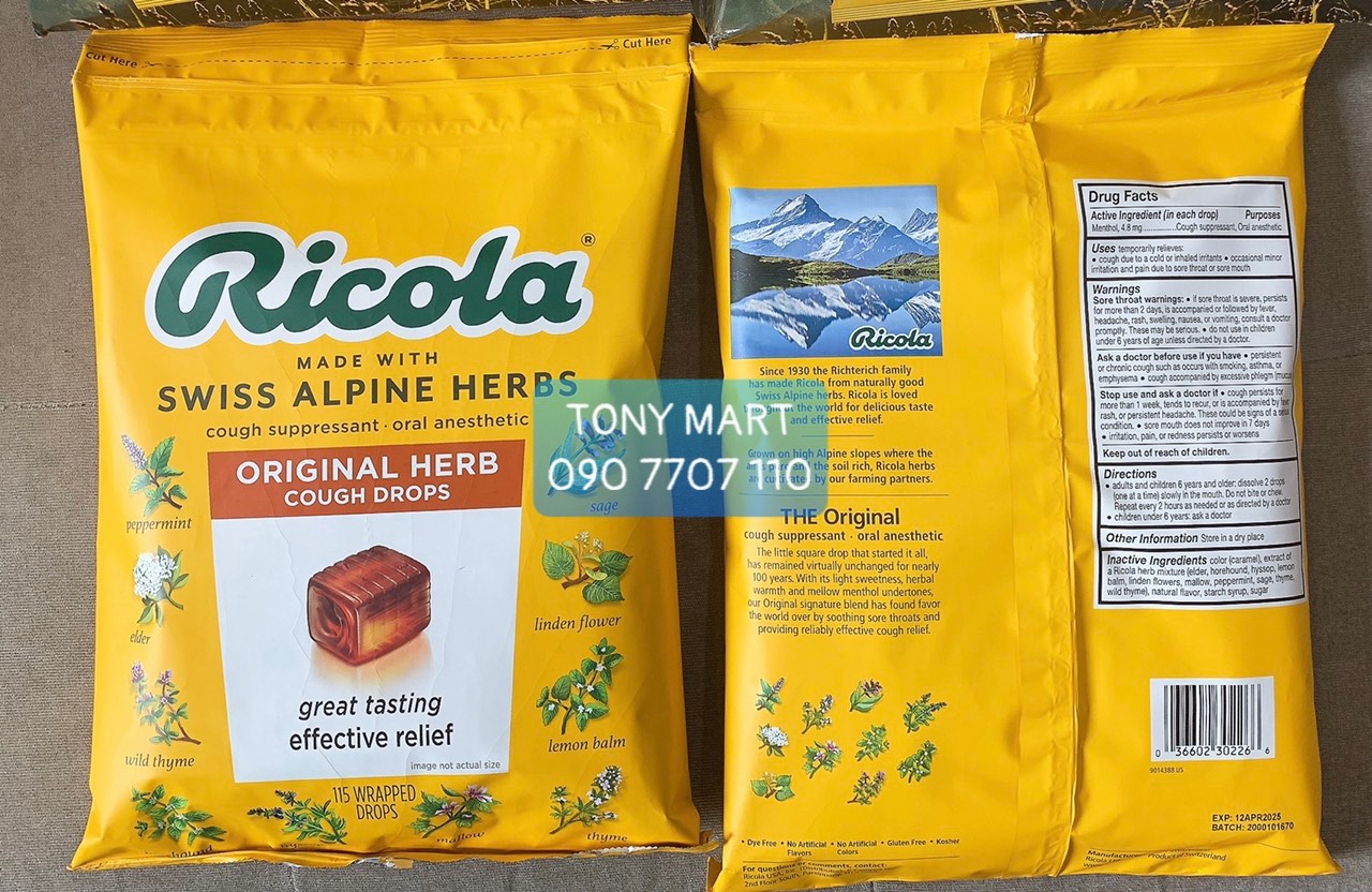 KẸO NGẬM  HO THẢO MỘC RICOLA  TÚILỚN 115 VIÊN