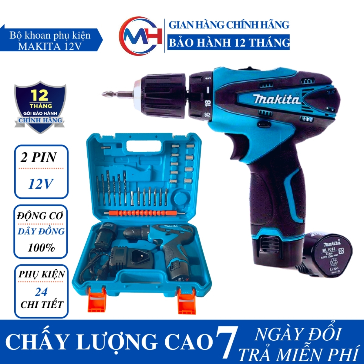 Máy khoan pin makita 12V - 2 Pin - Máy bắt vít makita 12V Tặng bộ phụ kiện 24 chi tiết cao cấp