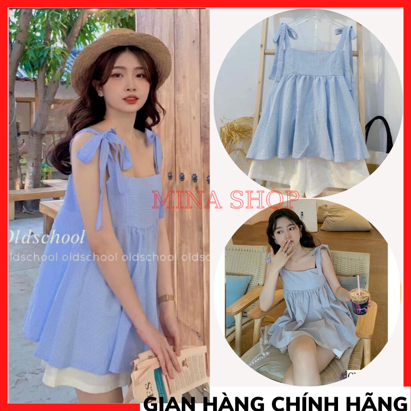 Sét áo babydoll kẻ caro 2 dây thắt nơ kèm quần short chất thô mềm, áo 2 dây babydoll caro, quần short nữ màu trắng, sét bộ đồ nữ đi chơi thời trang hàn quốc MINASHOP