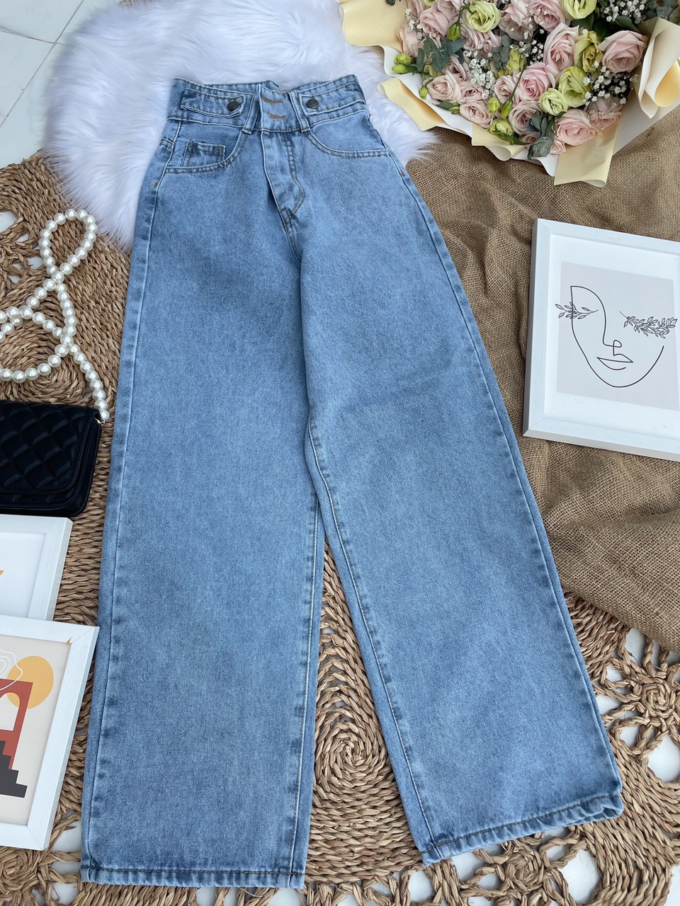 QUẦN JEANS ỐNG RỘNG NỮ LƯNG CAO 2 NÚT 2 ĐAI FORM DÀI RỘNG LAI CUỐN XANH NHẠT VẢI XỊN ĐỈNH CỦA ĐỈNH HOT HOT THỜI TRANG MUTI