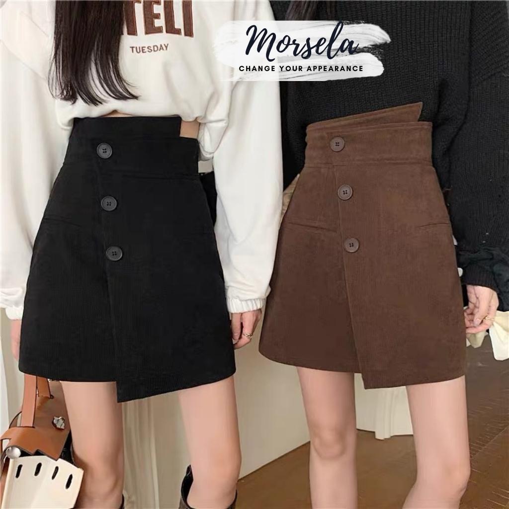 Chân váy nhung tăm form dáng chữ a ngắn cạp lệch phối nút chất dày dặn - Morsela