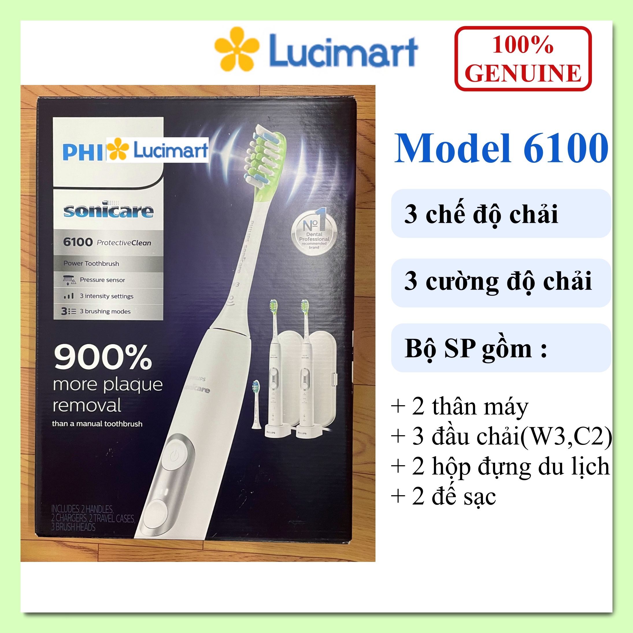 Bàn chải điện Phi.lips Sonicare 6100 Protective Clean Whitening [Hàng Mỹ]