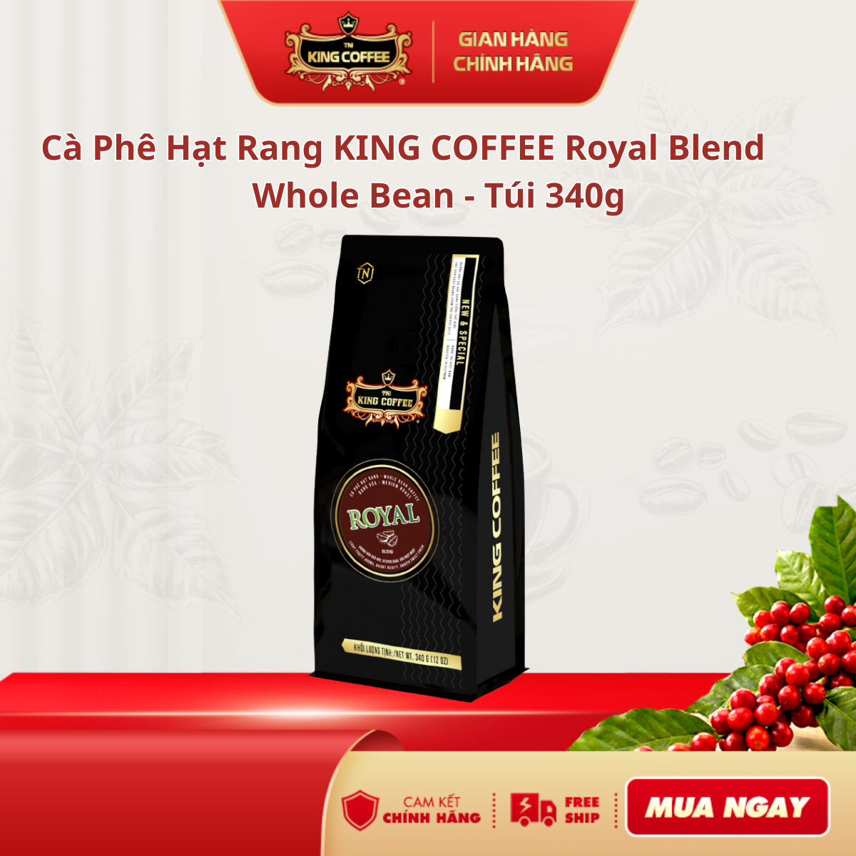 Cà phê hạt rang King coffee Royal Blend whole bean coffee - Túi 340g