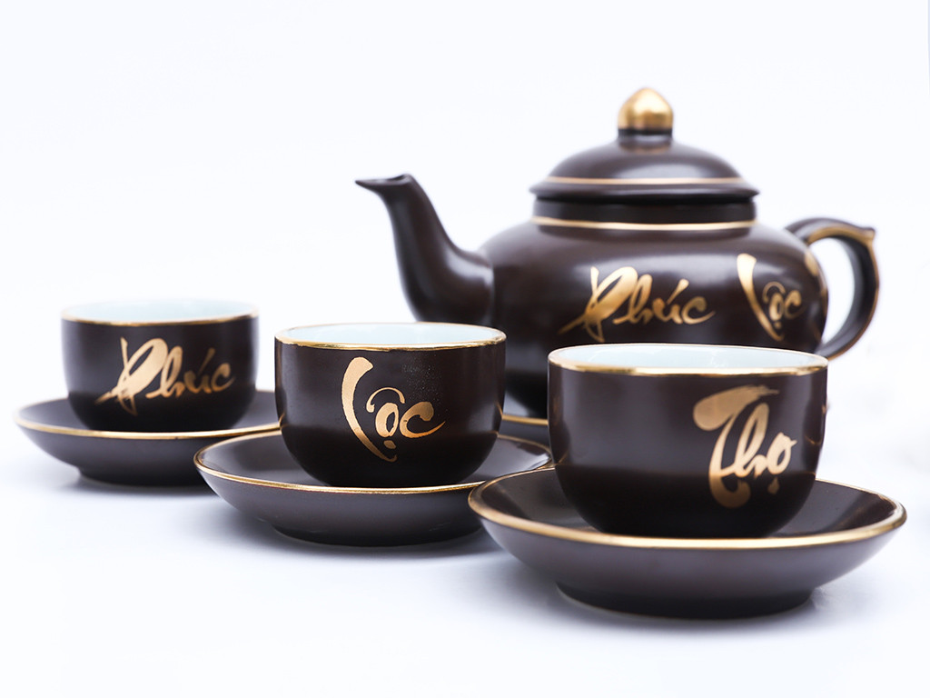 Bộ Ấm Chén Uống Trà Tử Sa Bát Tràng Mẫu Tích Vuông Chữ Phúc Lộc Thọ