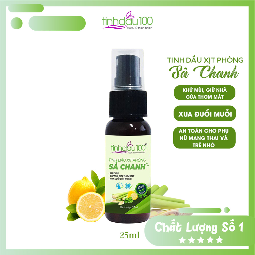 Tinh dầu xịt phòng sả chanh Tinh Dầu 100 đuổi muỗi, chống côn trùng, làm thơm phòng, mùi dễ chịu, an toàn cho bé chai xịt 25ml