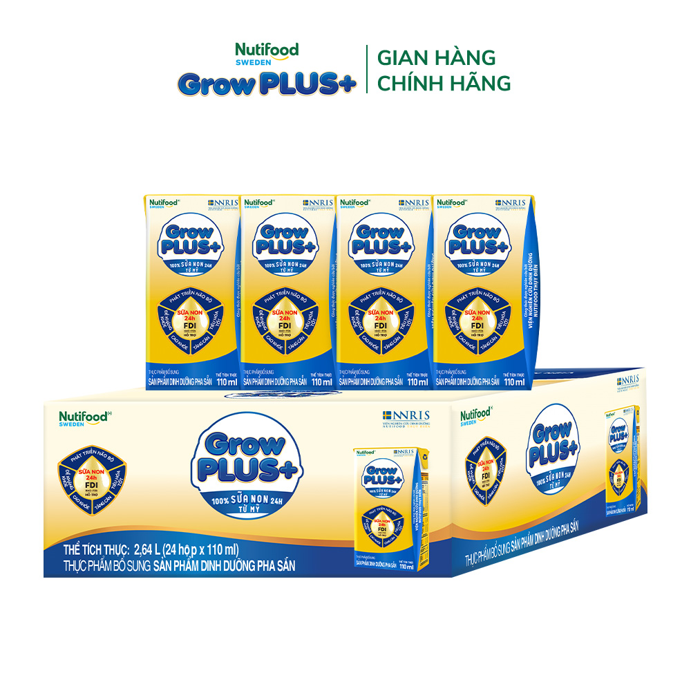 Thùng 24 hộp Sữa Bột Pha Sẵn Nutifood GrowPLUS+ Sữa Non (Vàng) - Hỗ Trợ Tăng Cường Đề Kháng 110ml - Trên 2 tuổi