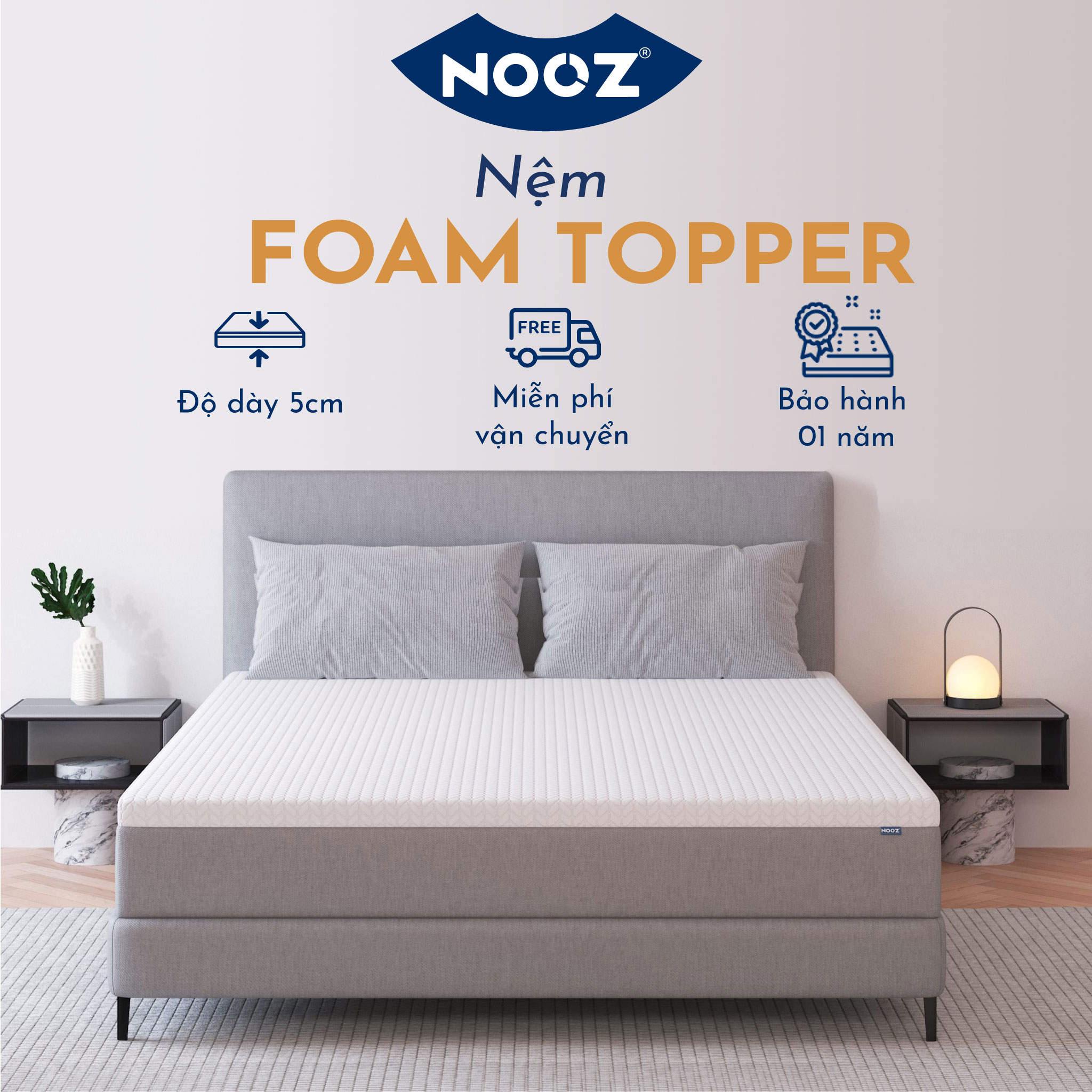 Topper Nệm Foam  NOOZ Home Goods với Tiêu Chuẩn CertiPUR-US Ruột Đệm Cao Su Non Hỗ Trợ Nâng Đỡ Vỏ Đệm Tencel