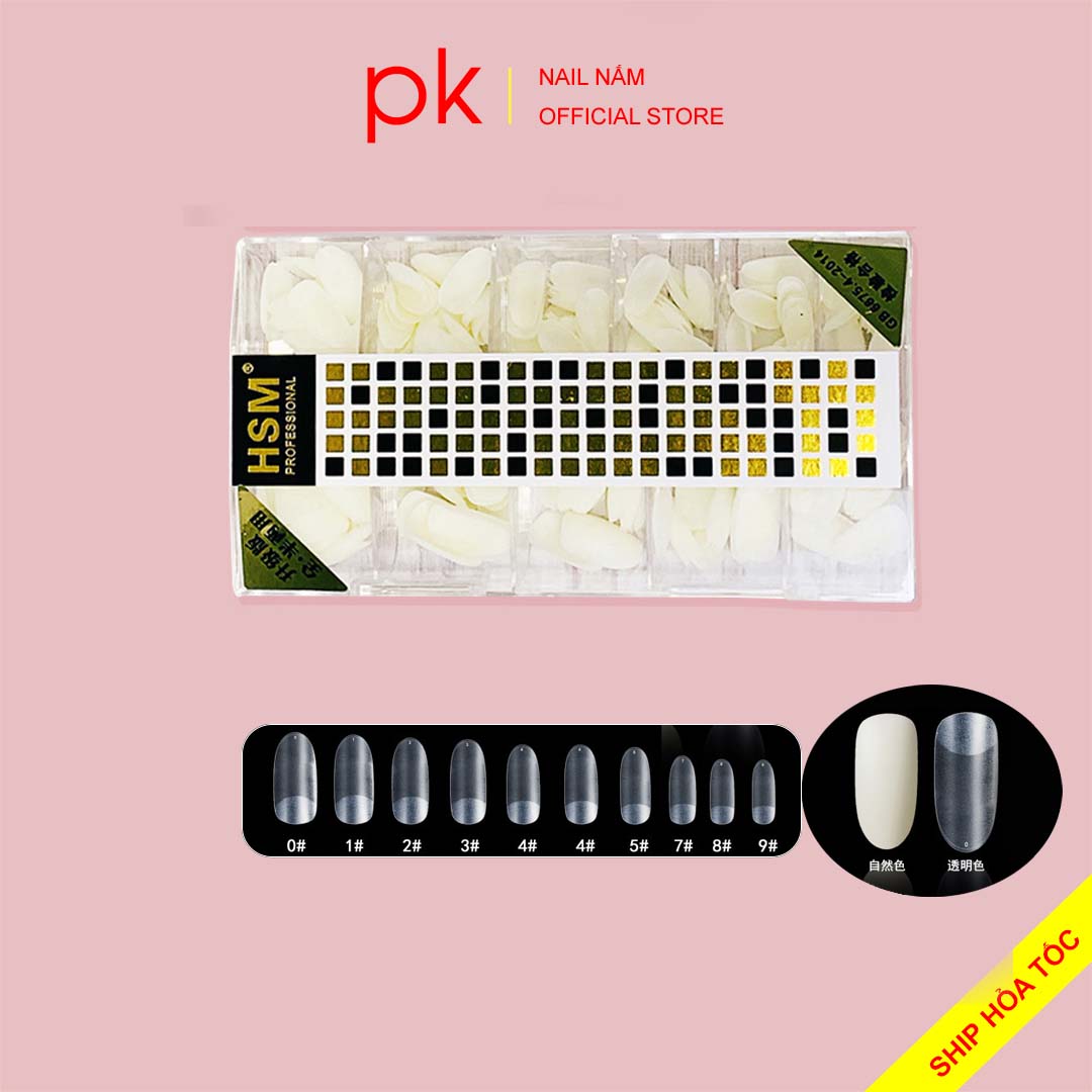 Móng úp tròn nhám sẵn HSM hộp móng đủ size từ 0-9 không cần phao nhám bề mặt ( tem vàng đen)