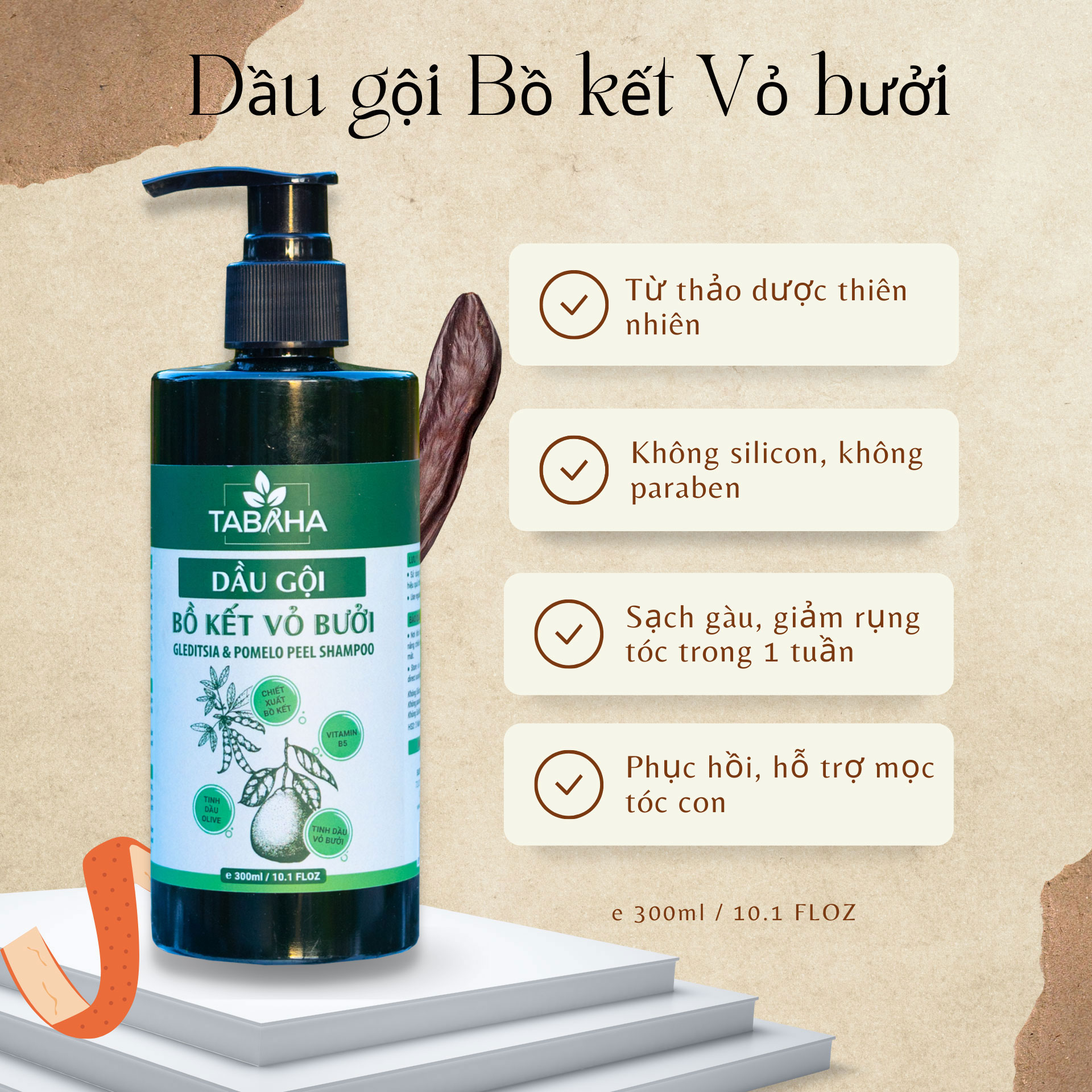 Dầu gội bồ kết vỏ bưởi cô đặc Tabaha 300ml từ thảo dược thiên nhiên cải thiện tình trạng rụng tóc